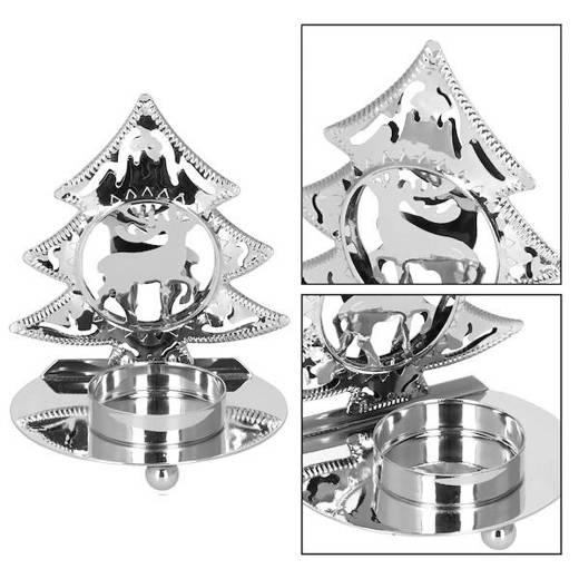 Świecznik świąteczny metalowy choinka z podstawką na świeczkę srebrna