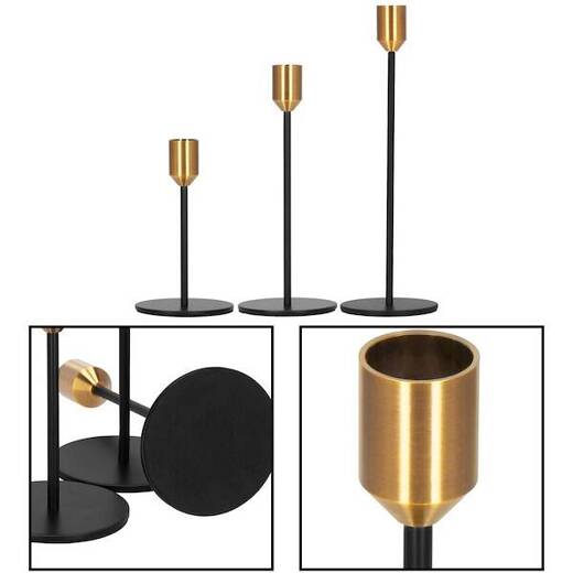 Świeczniki metalowe na wysokich nóżkach, zestaw 3 szt. dekoracje do domu, na wesele, czarno-złote 