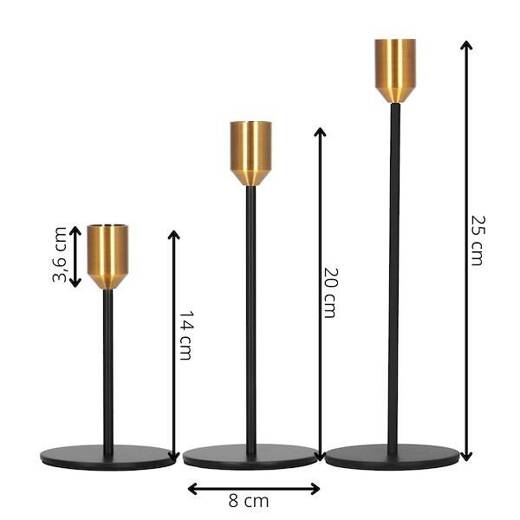 Świeczniki metalowe na wysokich nóżkach, zestaw 3 szt. dekoracje do domu, na wesele, czarno-złote 