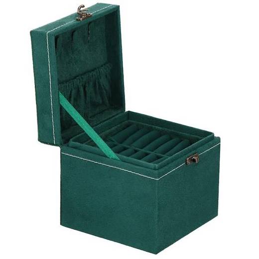 Szkatułka na biżuterię 12x12x12 cm zielony welurowy organizer z przegródkami