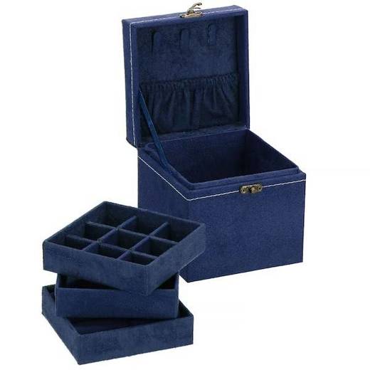 Szkatułka na biżuterię ekoskóra 12x12x12 cm granatowy, welurowy organizer z przegródkami