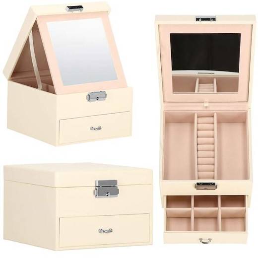 Szkatułka na biżuterię ekoskóra 16x16x11 cm kremowy organizer z przegródkami i lusterkiem