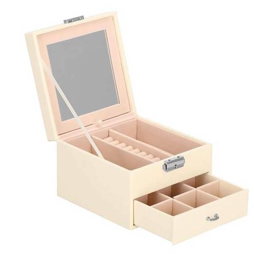 Szkatułka na biżuterię ekoskóra 16x16x11 cm kremowy organizer z przegródkami i lusterkiem