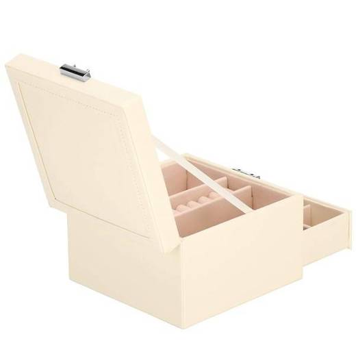 Szkatułka na biżuterię ekoskóra 16x16x11 cm kremowy organizer z przegródkami i lusterkiem