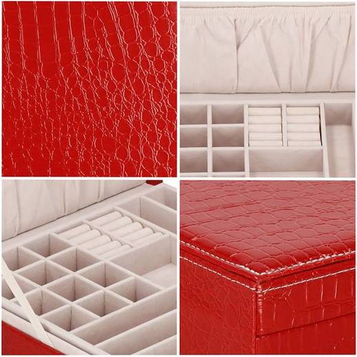 Szkatułka na biżuterię ekoskóra 26x26x8,5 cm czerwony organizer z przegródkami