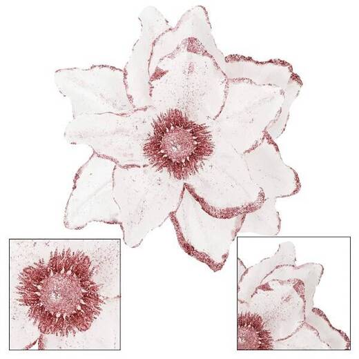 Sztuczna magnolia gałązka kwiat biały z różowym brokatem