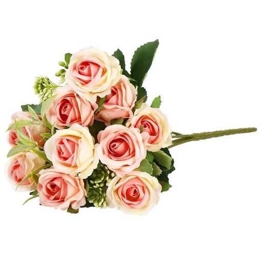 Sztuczny bukiet 10 róż kwiaty różowe na gałązce dekoracyjnej 29 cm