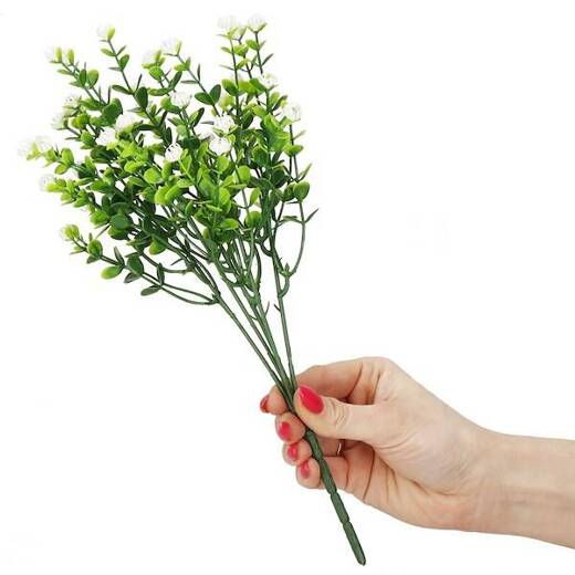Sztuczny bukiet 5 gałązek zielony dekoracyjny 33 cm białe kwiaty
