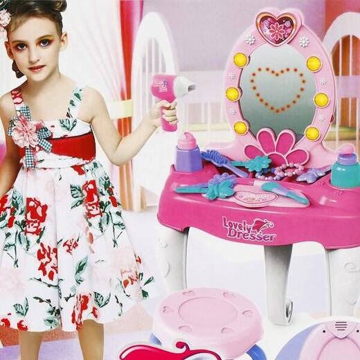 Toaletka dla dziewczynki, z lusterkiem, taboretem i akcesoriami różowa