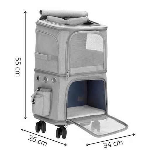 Transporter dla kota, psa 55 x 34 x 26 cm walizka na kółkach do transportu zwierząt, dwukomorowa, szara