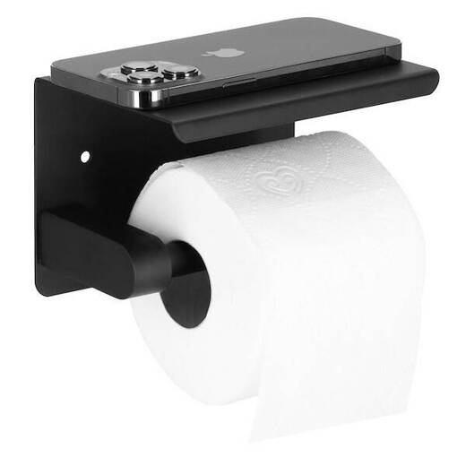 Uchwyt na papier toaletowy stalowy wieszak samoprzylepny z półką czarny