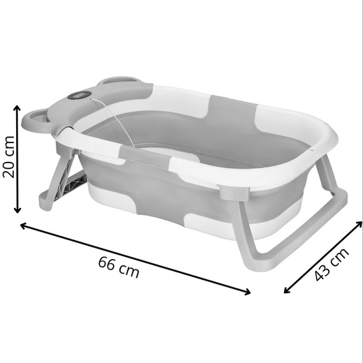Wanienka dla niemowląt silikonowa z korkiem i termometrem 27,5 L przenośna, biało-szara
