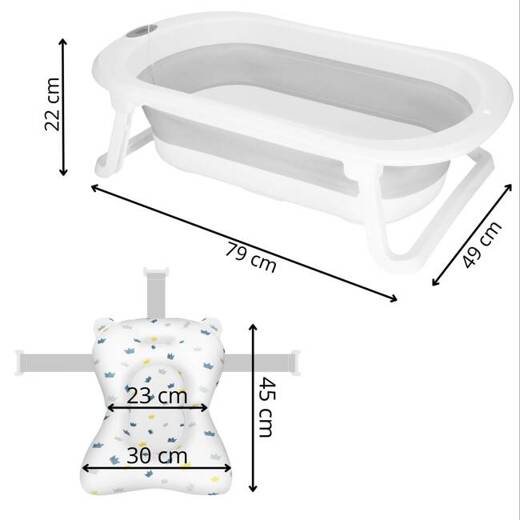 Wanienka dla niemowląt z poduszka korkiem i termometrem 40 L przenośna, biało-szara