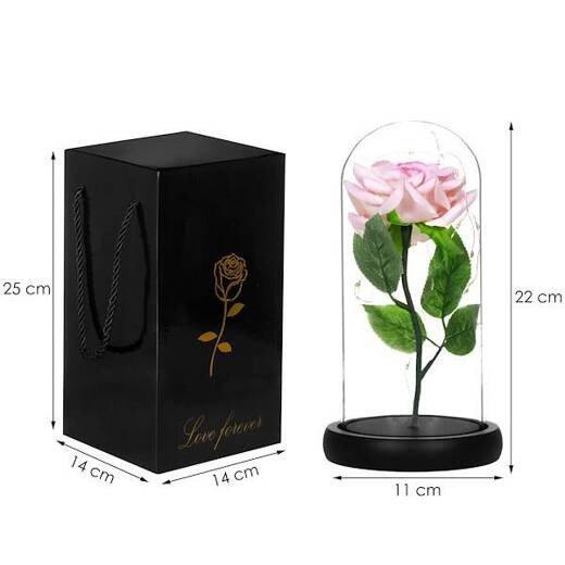Wieczna róża w szkle 22 cm świecąca ozdoba LED prezent kwiat różowy