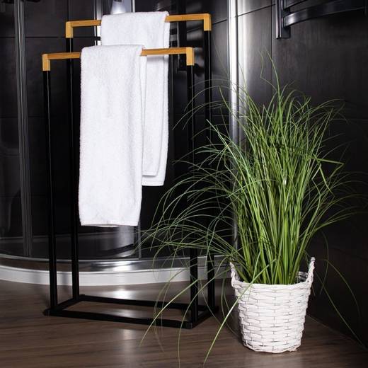 Wieszak łazienkowy na ręczniki stojak 2-ramienny czarny, bambus