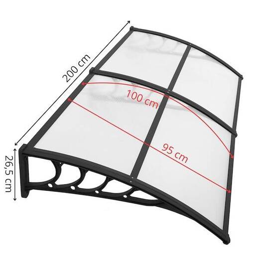 Zadaszenie, daszek do drzwi wejściowych, balkonowych, tarasowych 200x100 cm czarny, transparentny