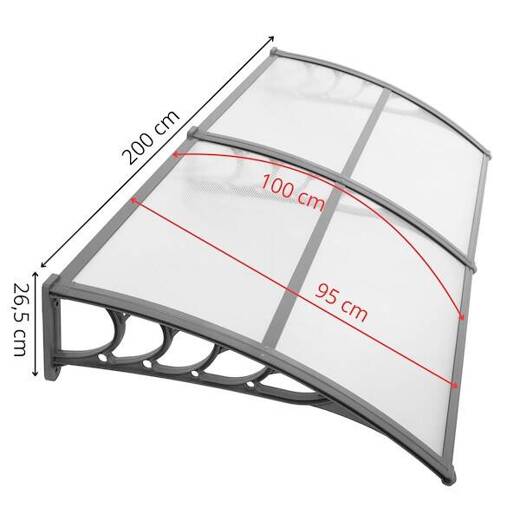 Zadaszenie, daszek do drzwi wejściowych, balkonowych, tarasowych 200x100 cm szary, transparentny