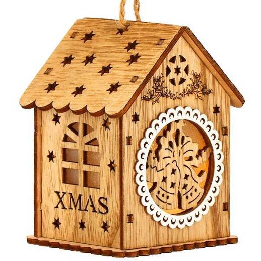 Zawieszka choinkowa domek świecąca ozdoba świąteczna drewniana na baterię