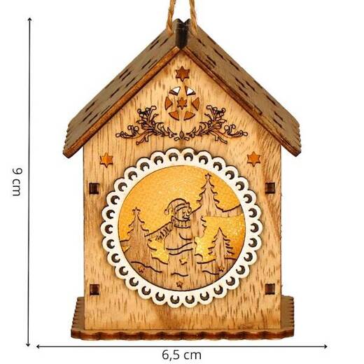 Zawieszka choinkowa domek świecąca ozdoba świąteczna drewniana na baterię
