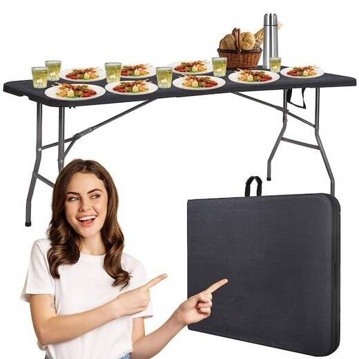 Zestaw cateringowy, turystyczny stół 180 cm z 6 krzesłami składany na bankiet, zestaw czarny