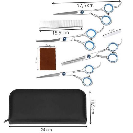 Zestaw do strzyżenia psów nożyczki 4 rodzaje, grzebień, olejek, ściereczka komplet z etui