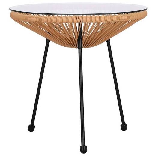 Zestaw mebli rattanowych 2 fotele ażurowe i okrągły stolik ze szklanym blatem beżowy