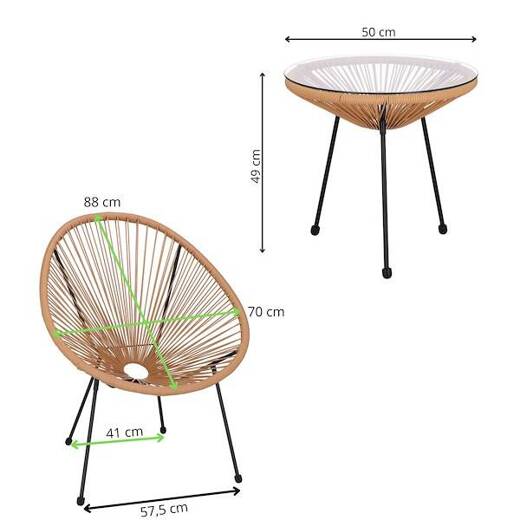 Zestaw mebli rattanowych 2 fotele ażurowe i okrągły stolik ze szklanym blatem beżowy
