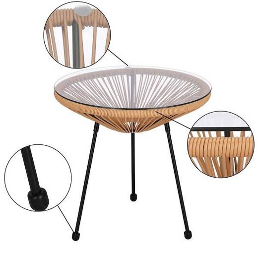 Zestaw mebli rattanowych 2 fotele ażurowe, okrągły stolik ze szklanym blatem, sofa beżowe