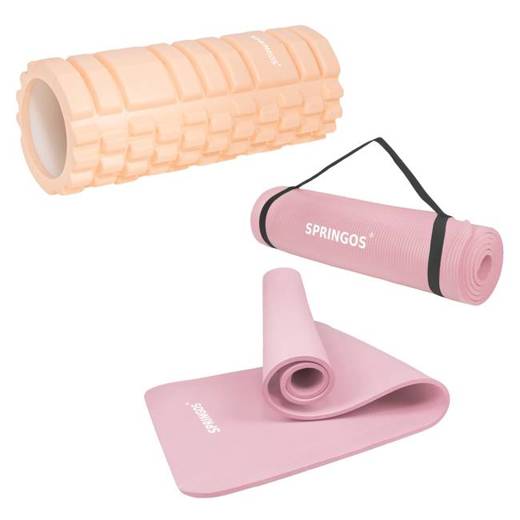 Zestaw wałek do masażu, roller do ćwiczeń brzoskwiniowy + mata do ćwiczeń 183 cm różowa