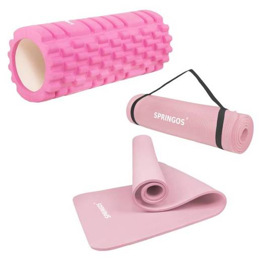 Zestaw wałek do masażu, roller do ćwiczeń różowy + mata do ćwiczeń 183 cm różowa
