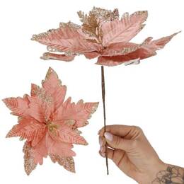 Gwiazda betlejemska, sztuczny kwiat poinsecja 29 cm różowa z brokatem i cekinami