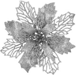 Gwiazda betlejemska, sztuczny kwiat, poinsecja ażurowa srebrna z brokatem