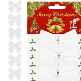 Kokardki świąteczne na choinkę 6 szt. brokatowe zawieszki choinkowe białe