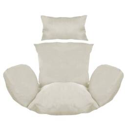 Kokon fotel wiszący ogrodowy bujany biały z szarymi poduszkami