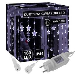 Kurtyna świetlna 180 led girlanda gwiazdki, lampki wewnętrzno-zewnętrzne sople zimny biały + niebieski flash