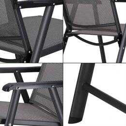 Meble ogrodowe zestaw na taras dla 4 osób: metalowe 4 krzesła i stół z bezbarwnym szklanym blatem, czarno-szary