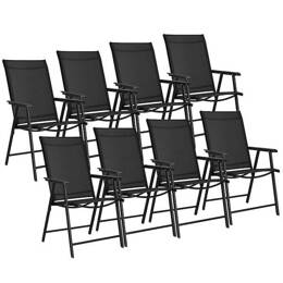Meble ogrodowe, zestaw na taras dla 8 osób metalowe: 8 krzeseł i stół z bezbarwnym szklanym blatem, czarny 