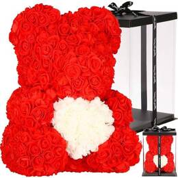 Miś z płatków róż czerwony 36 cm rose bear z białym sercem i pudełkiem prezentowym 