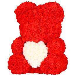 Miś z płatków róż czerwony 36 cm rose bear z białym sercem i pudełkiem prezentowym 