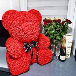Miś z płatków róż czerwony 70 cm rose bear z kokardką